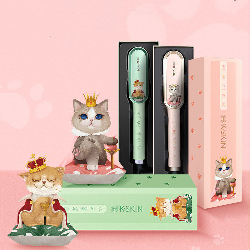 KSKIN hair care product set with cartoon cat designs on a pink background
