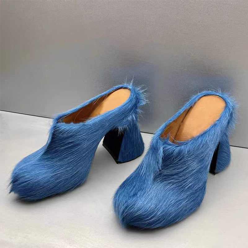 Waterproof Horsehair Chunky Heel Slippers, Sizes 34-43