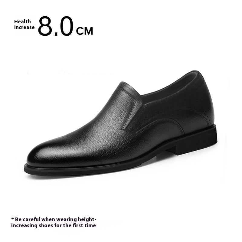 Black leather shoe with height increase text on a white background