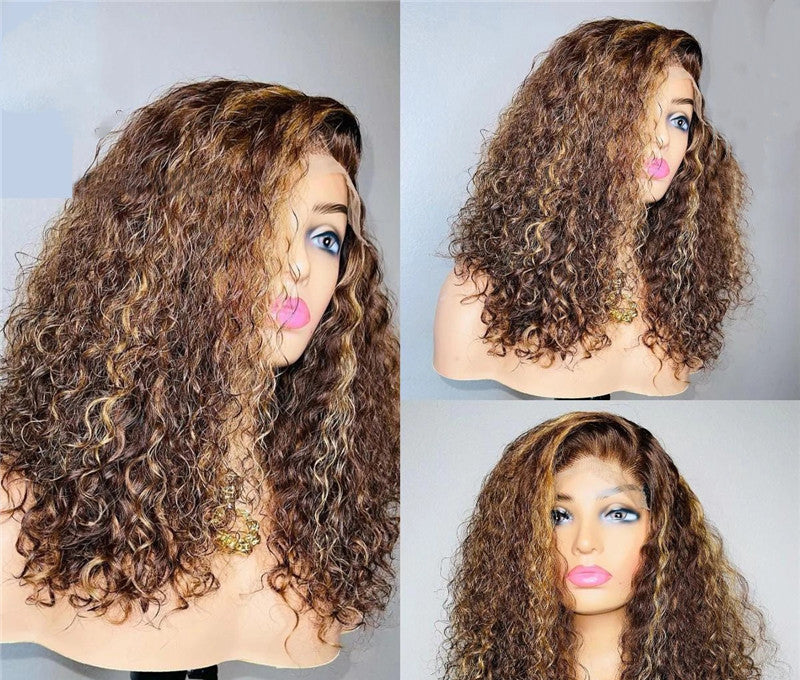 Three views of a curly wig on a mannequin head against a plain background.