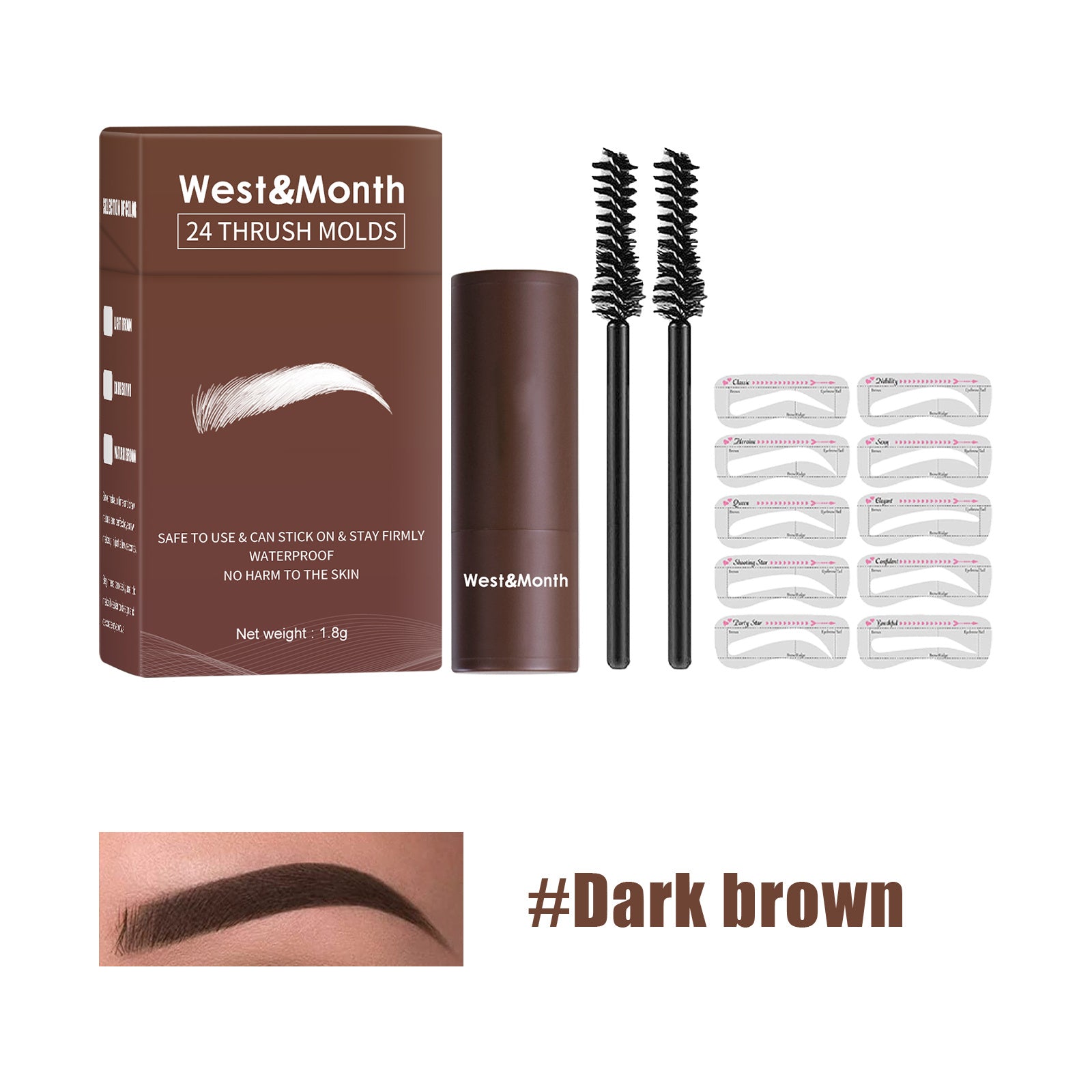West&Month eyebrow product set with packaging, applicators, and clips on a white background.