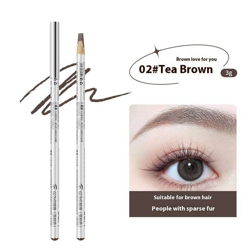 Eyebrow pencil with tea brown color option and close-up of an eye wearing the product.