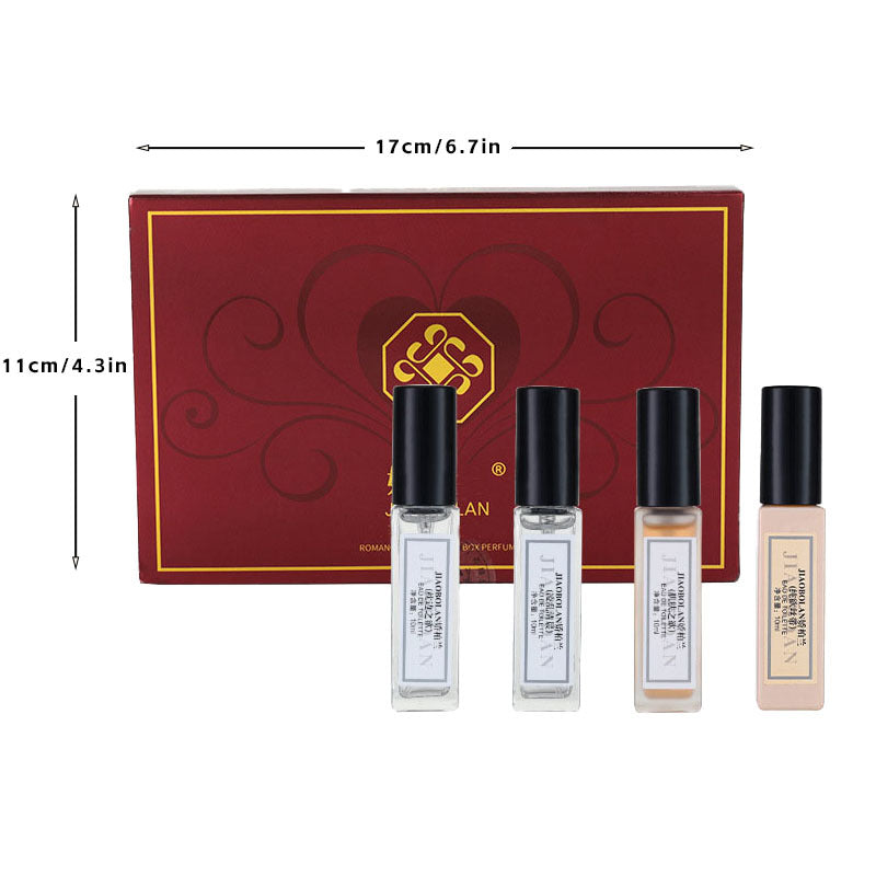 Set of four small bottles with a red box in the background, showing dimensions.