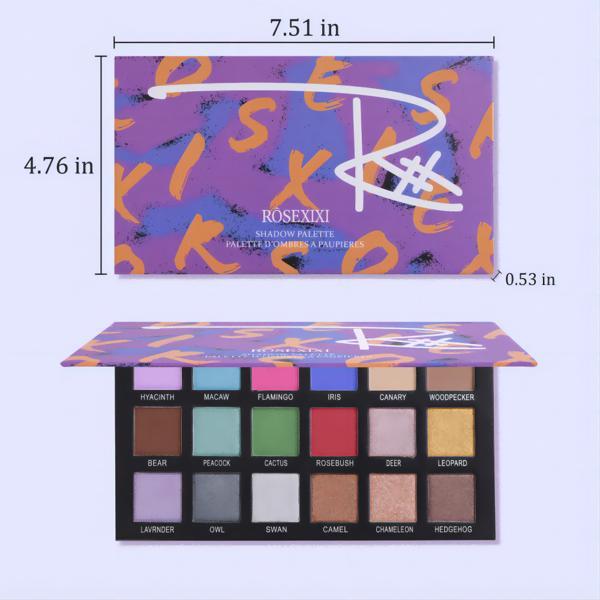 RoseXIXI eyeshadow palette with dimensions on a light purple background