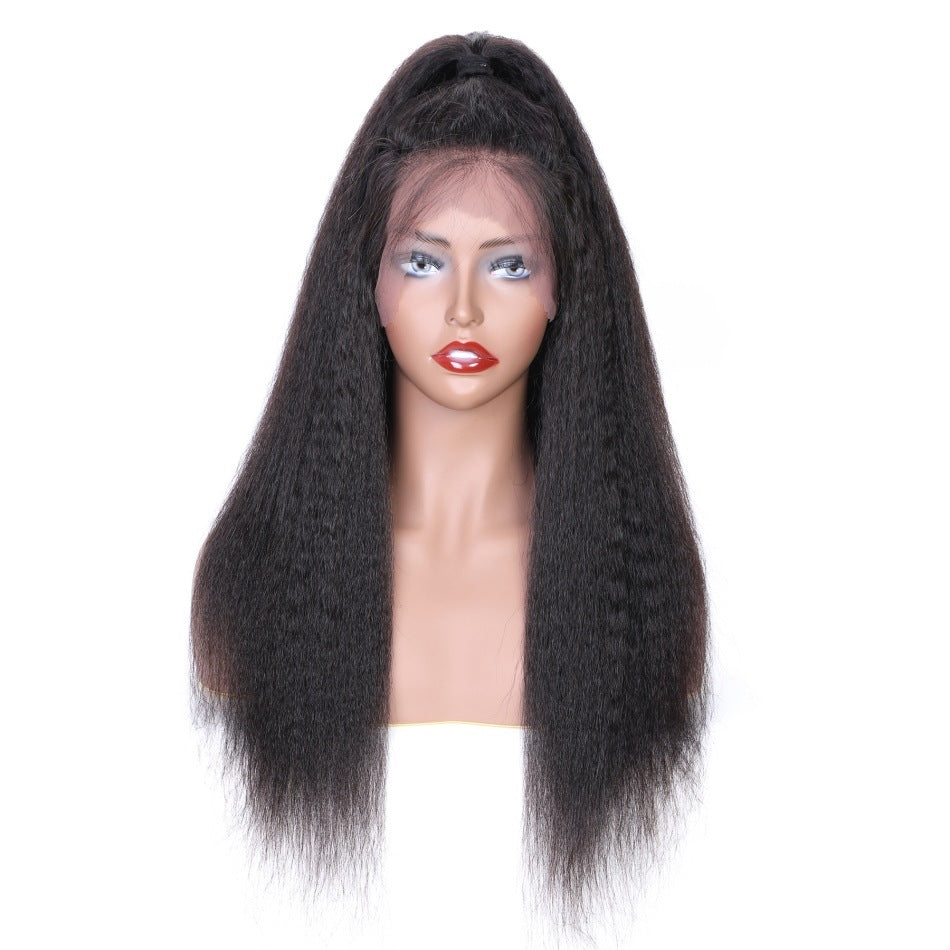 Mannequin head with long black hair on a white background