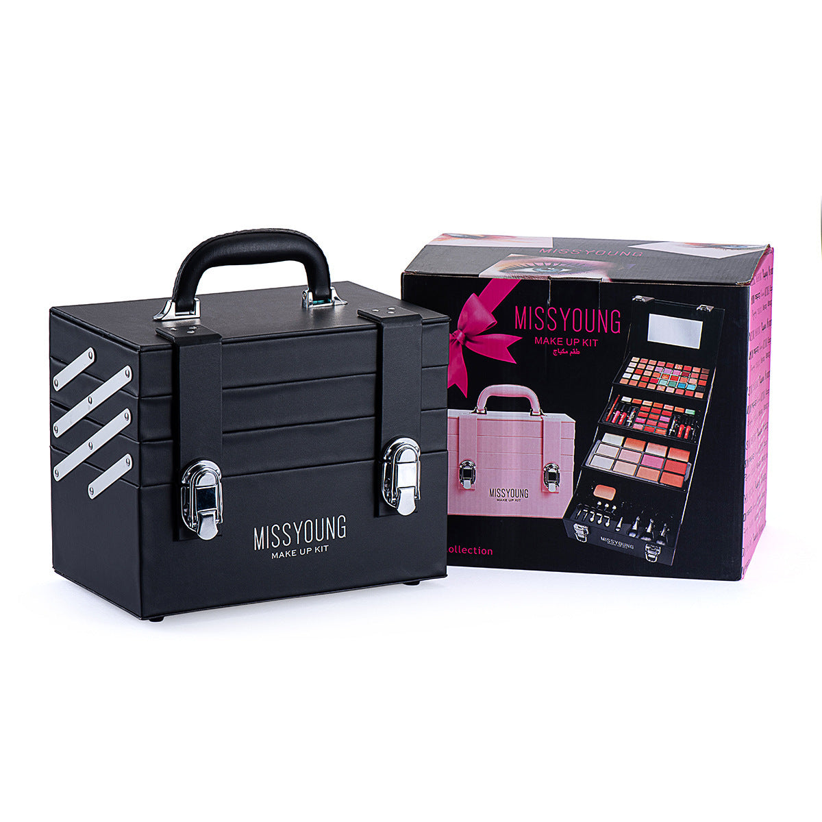 Black makeup case with 'MISSYOUNG' branding next to its packaging box on a white background