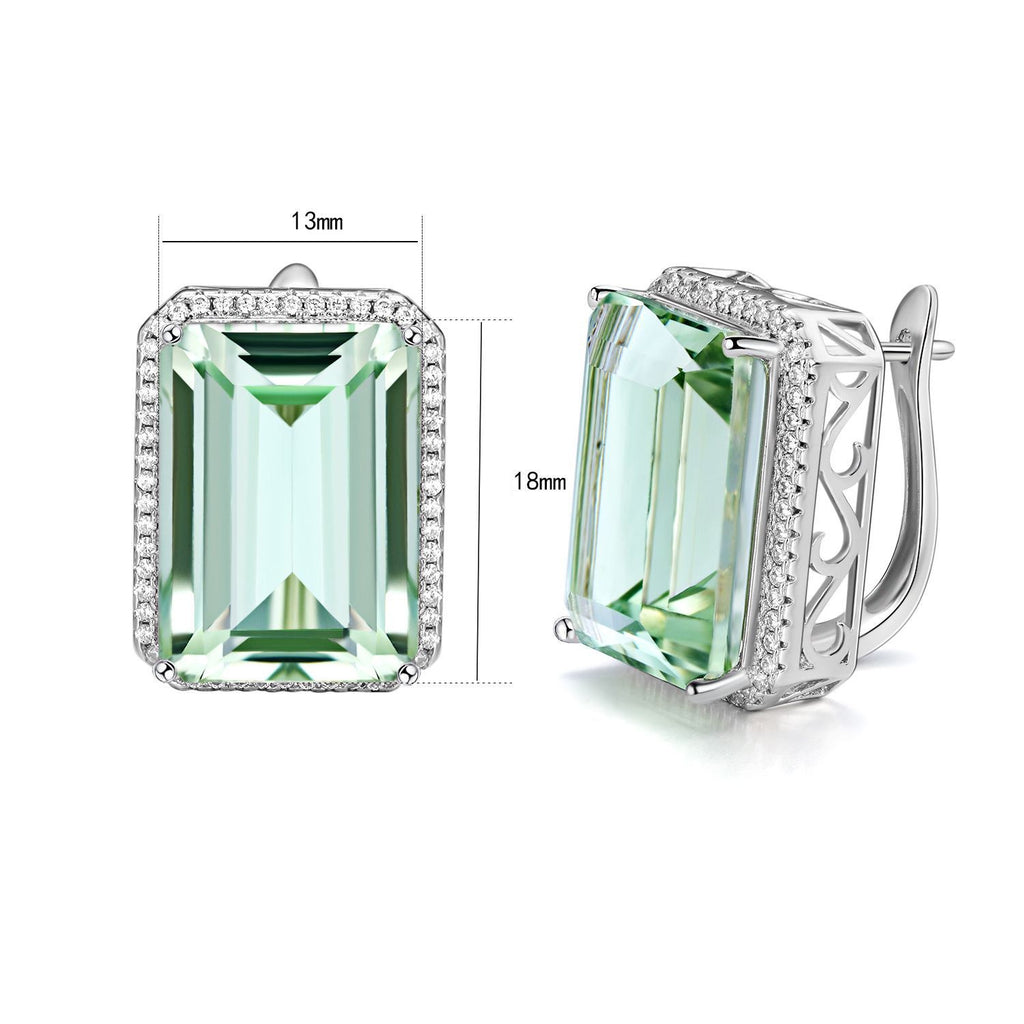 Green gemstone earrings with silver setting and measurements on a white background