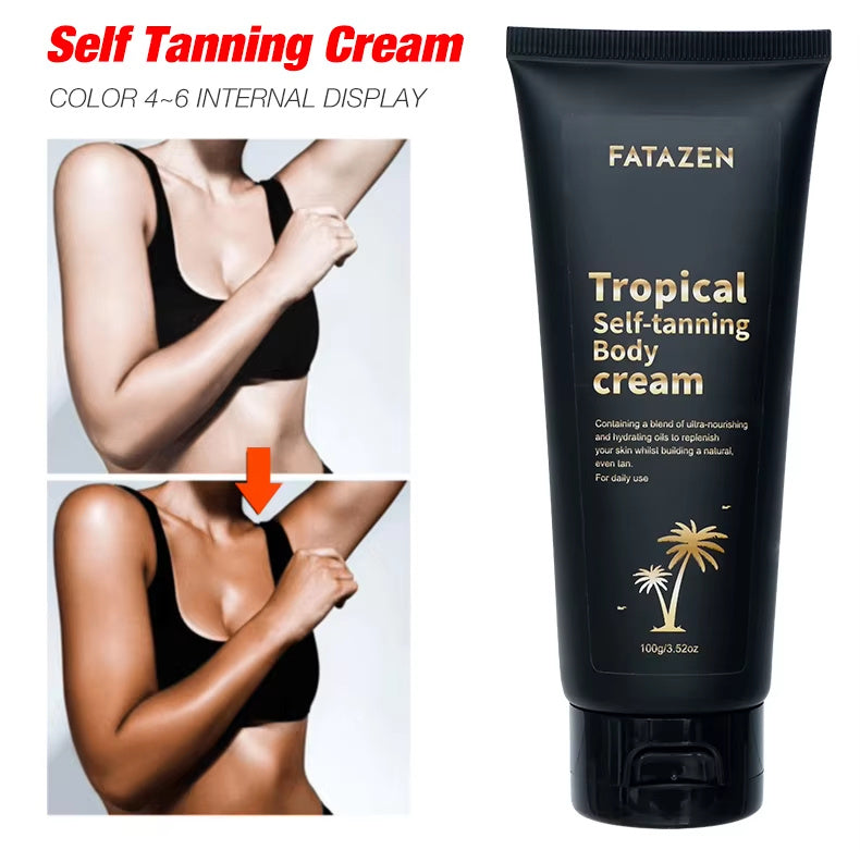 Fatazen Tropical Self-tanning Body Cream with before and after application on a person.