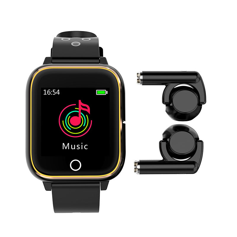 Smartwatch with music app display and wireless earbuds on a white background