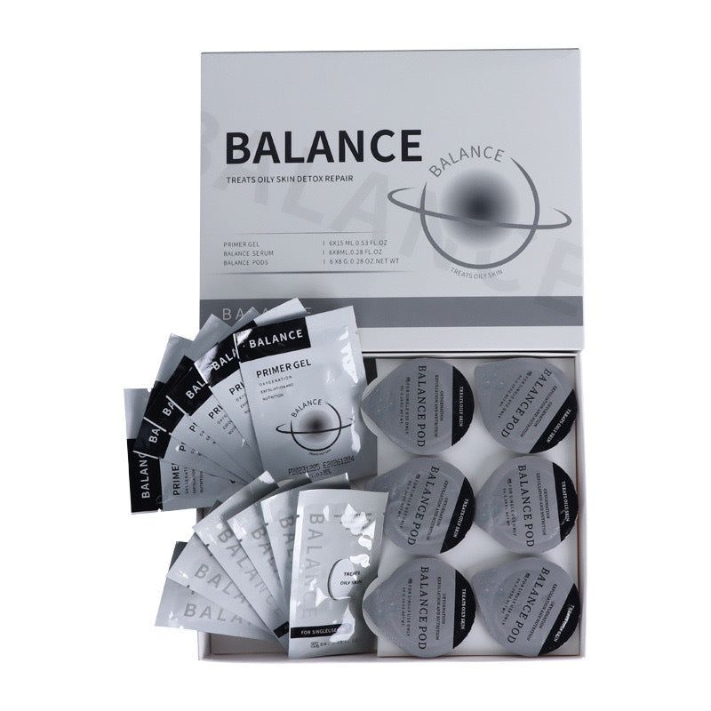 Collection of skincare products with 'Balance' branding on a white background