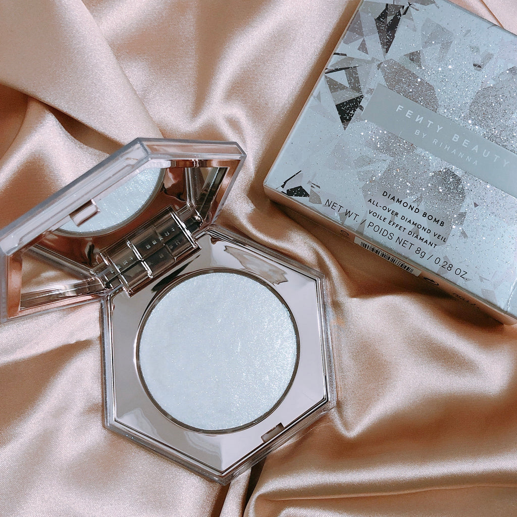 Compact powder with mirror and packaging on a satin surface