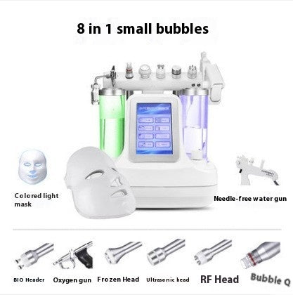 Facial skin care device with various attachments labeled on a white background