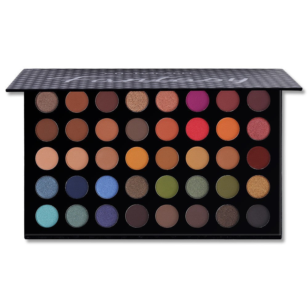 Makeup palette with various colors on a white background
