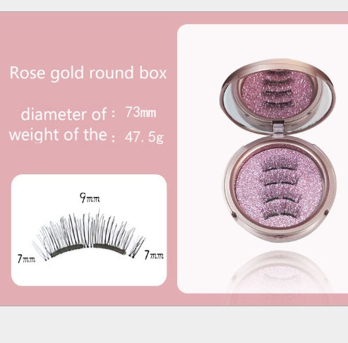 Rose gold round box with false eyelashes, showing dimensions and weight on a pink background.