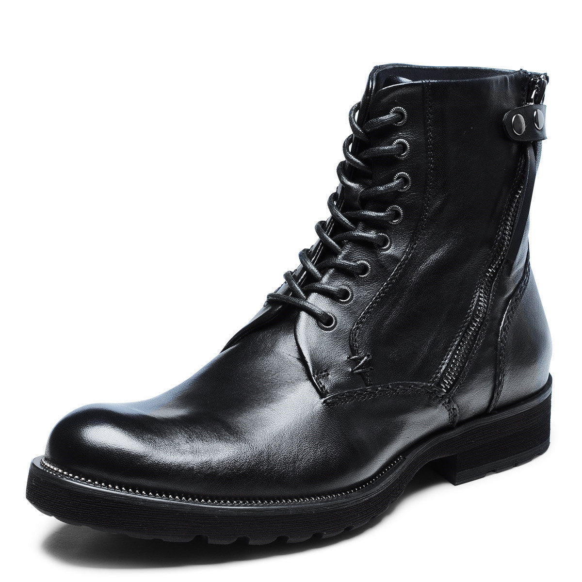 Black leather boot with lace-up design on a white background
