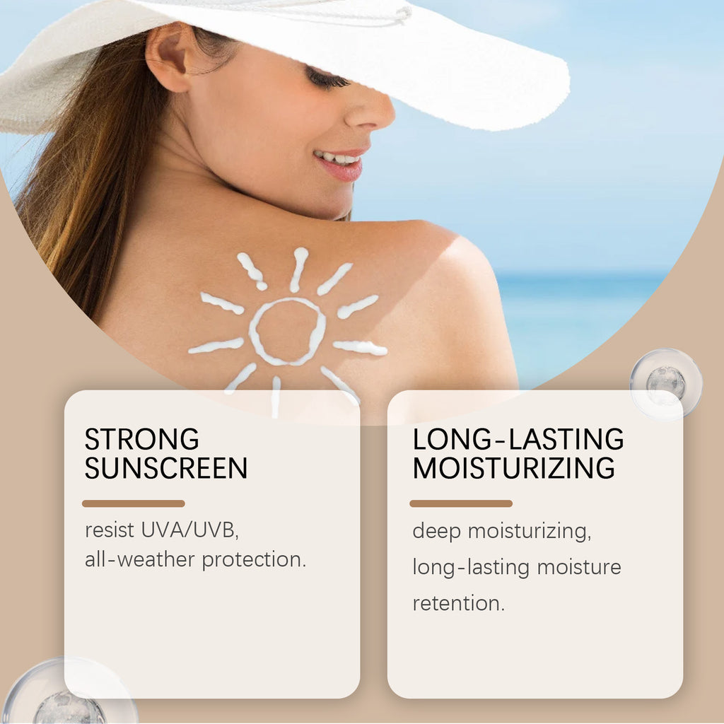 Woman applying sunscreen with text highlighting strong sunscreen and long-lasting moisturizing properties.