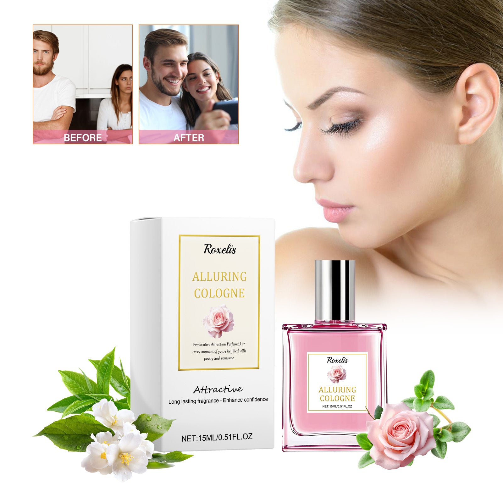 Rexalis Alluring Cologne with packaging and floral elements on a white background