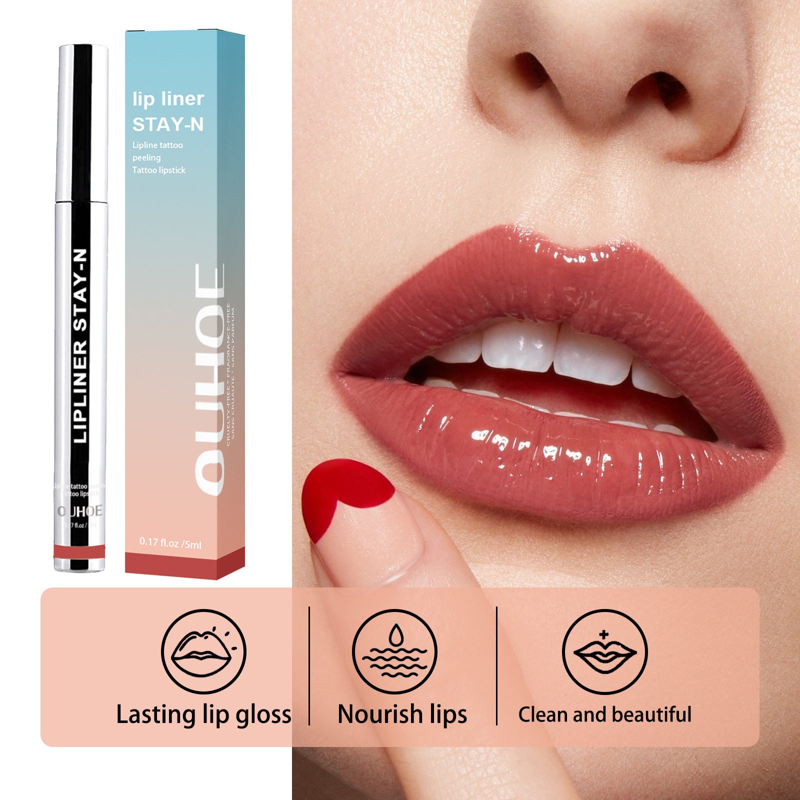 Lip liner with packaging and close-up of lips wearing the product