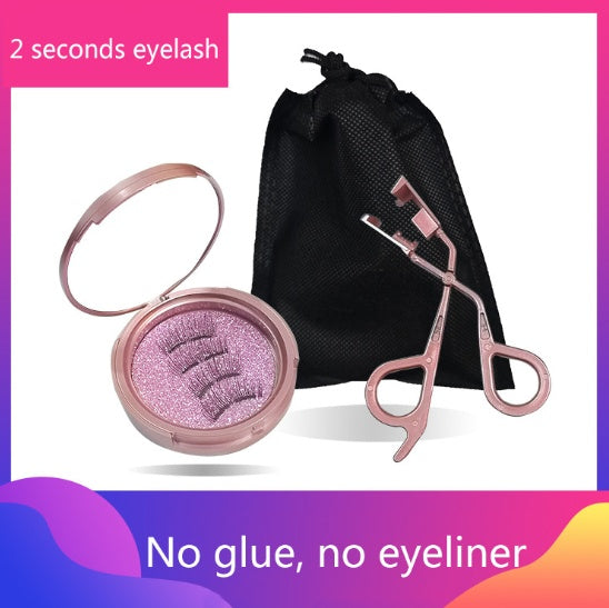 Eyelash extension kit with a black drawstring bag, pink lash holder, and eyelash curler on a white background.