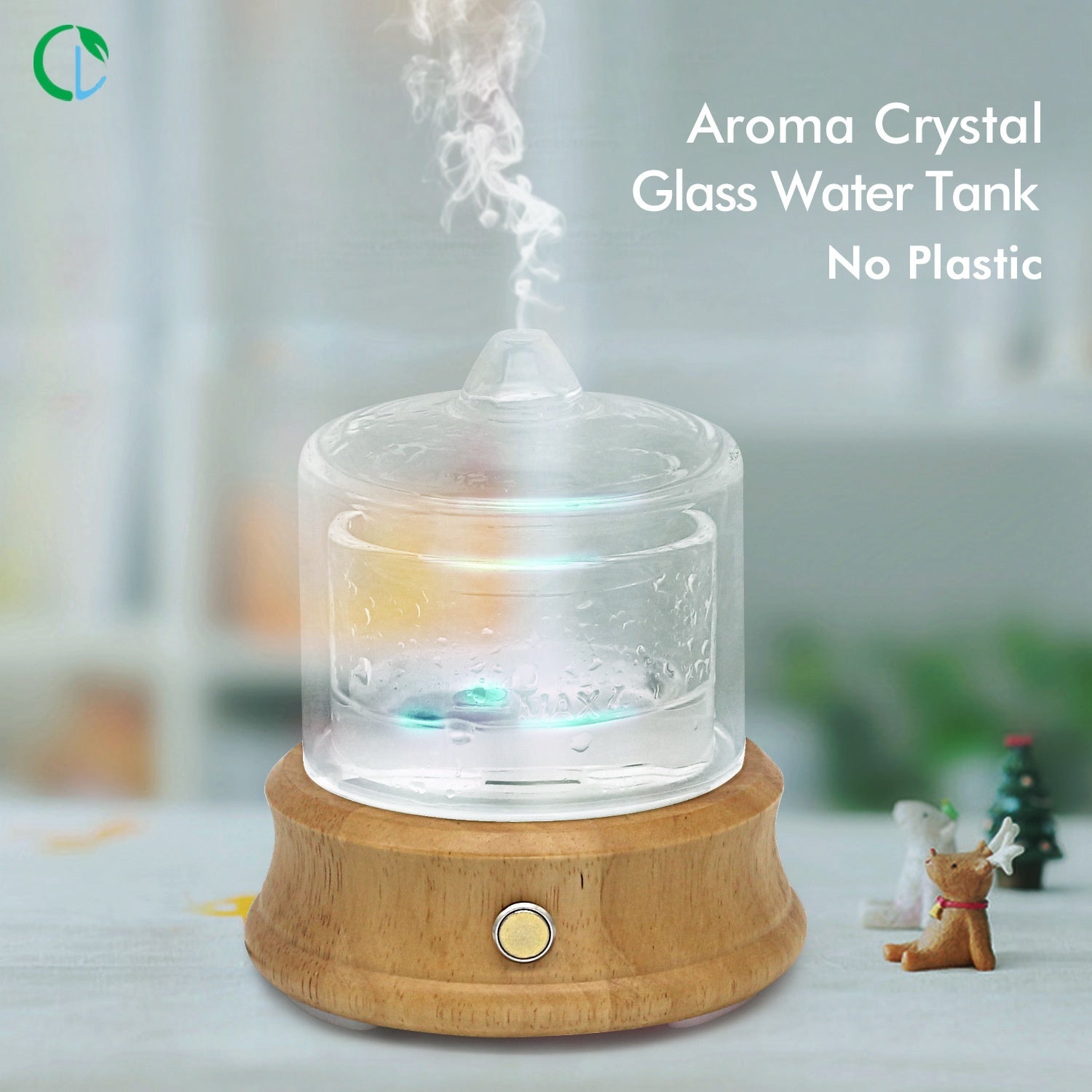 Aroma crystal glass water tank with wooden base on a blurred background