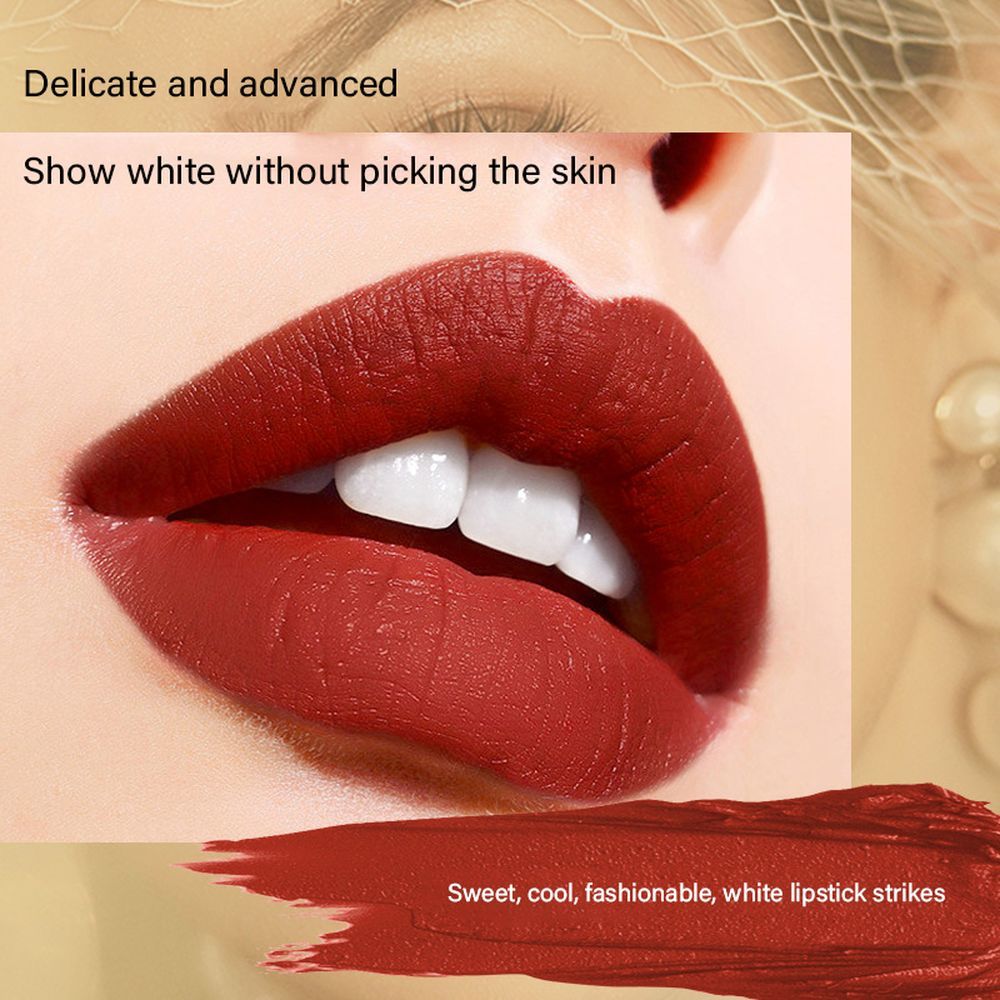 Close-up of red lipstick on lips with text about color and texture.