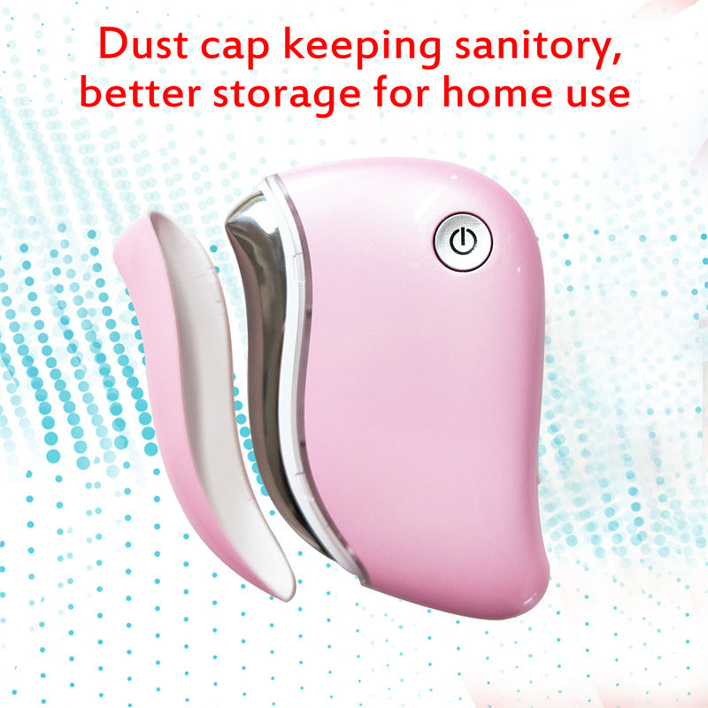 Pink electronic device with a power symbol on a light blue dotted background, text about dust cap and sanitary storage.