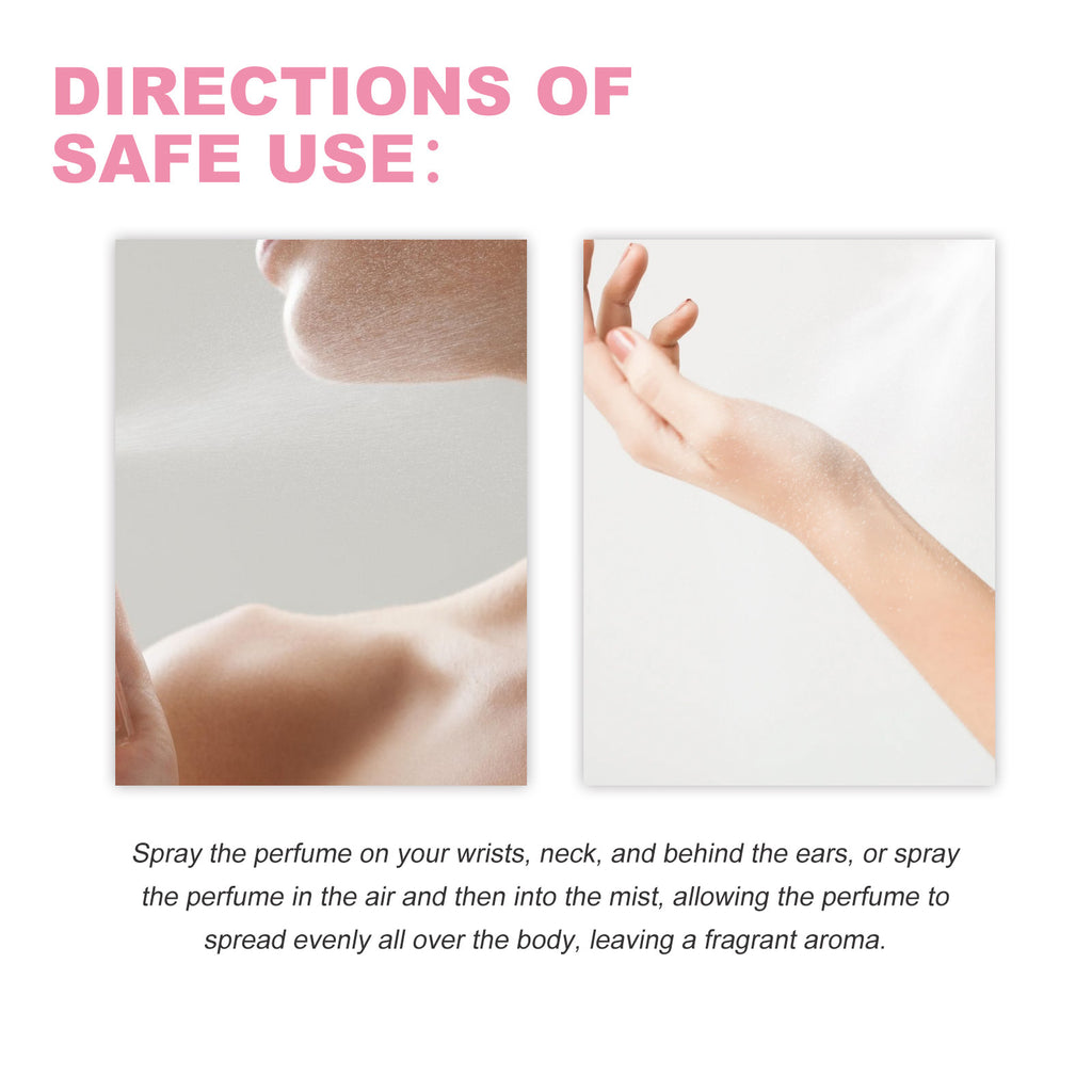 Perfume safe use directions with images of application on skin and in the air.