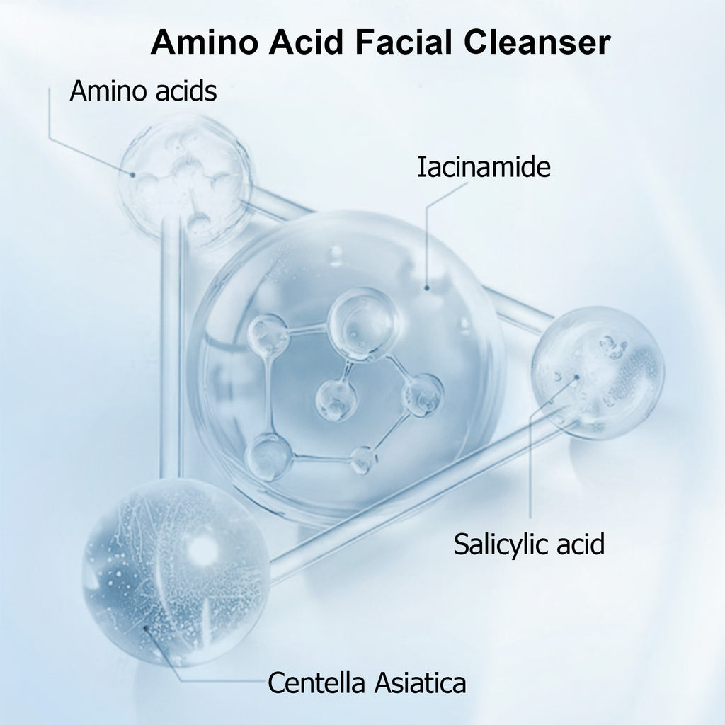 Diagram of amino acid facial cleanser with labeled components on a light blue background