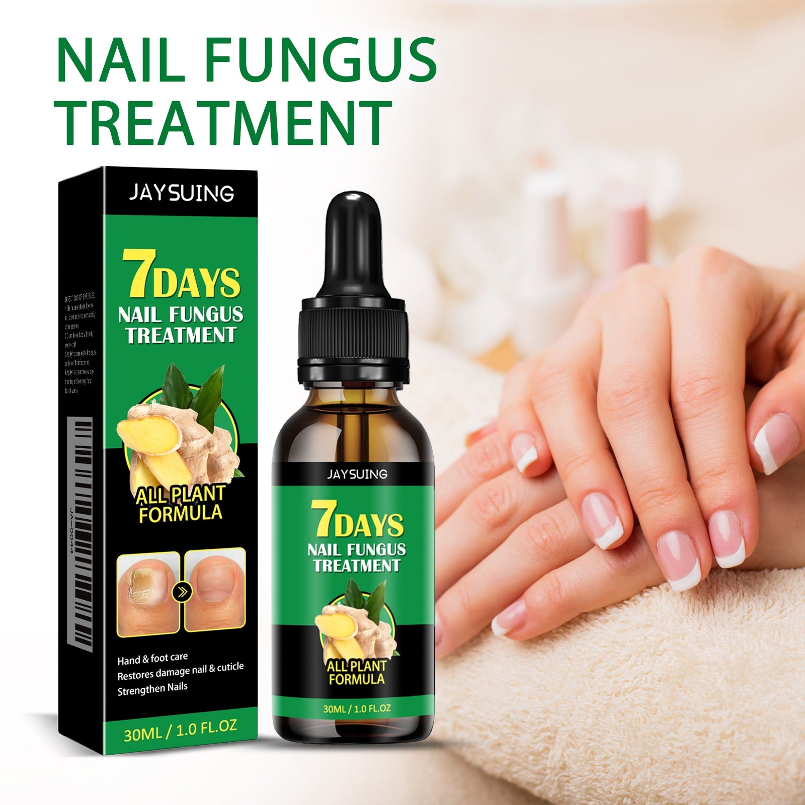 Jaysuing 7 Days Nail Fungus Treatment with bottle and packaging on a blurred background of hands with manicured nails.