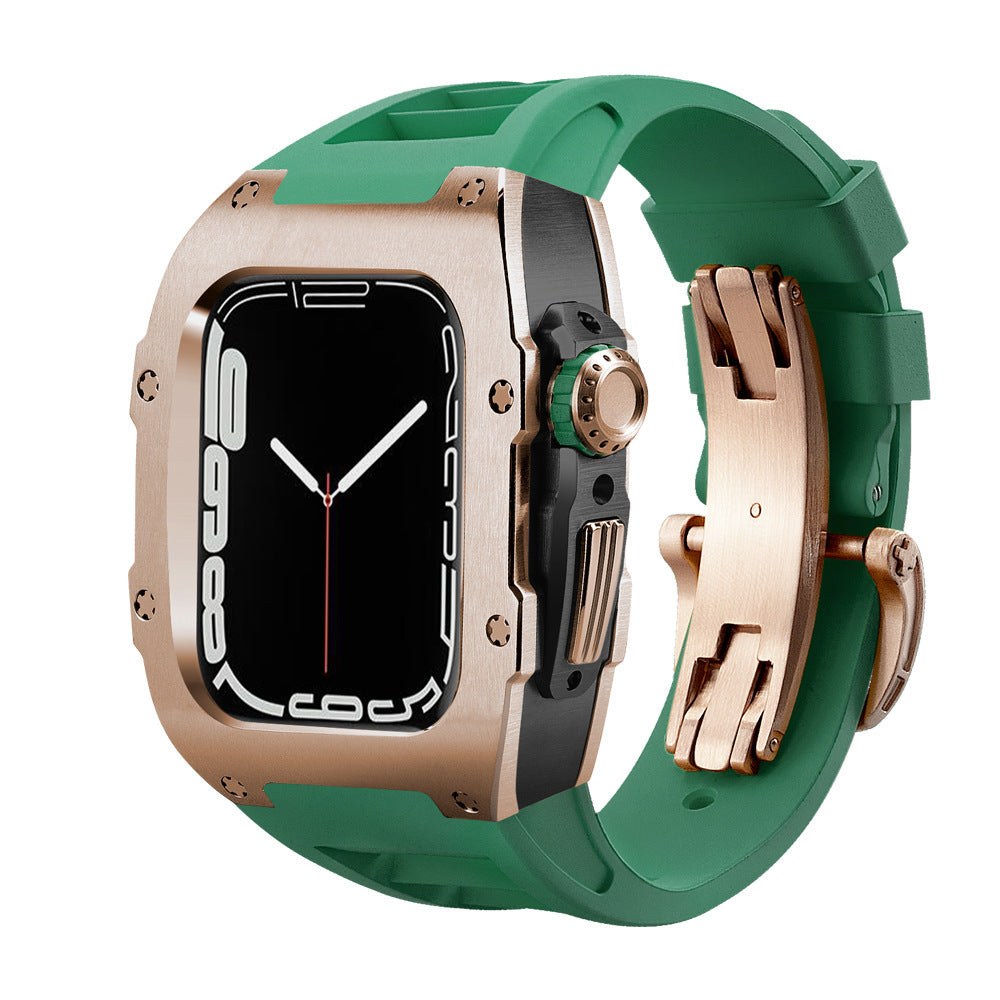 Watch with green strap and rose gold case on a white background