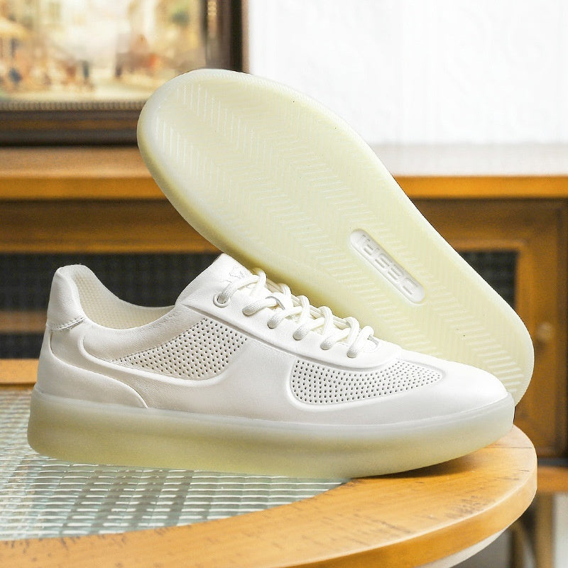 White sneaker with a thick sole on a wooden stool