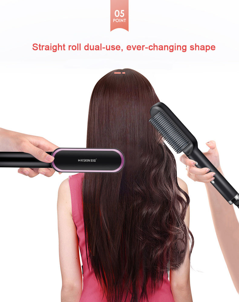 Person using a hair straightening and curling tool on their hair with text indicating dual-use and ever-changing shape.