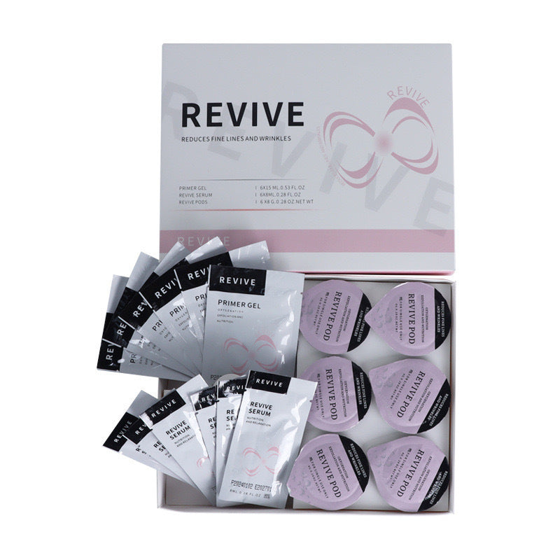 Revive skincare product set with various packets and a box on a white background