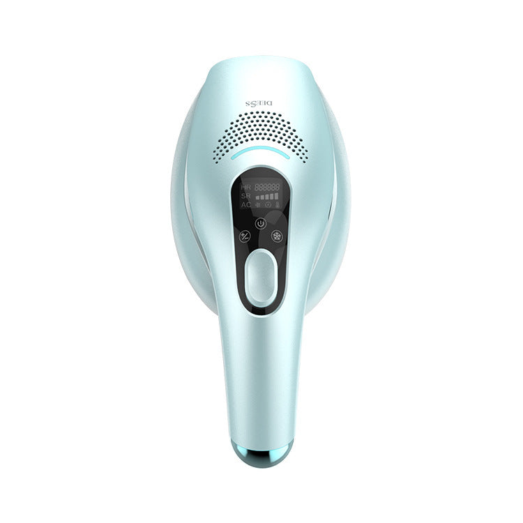 Blue handheld device with digital display on a white background