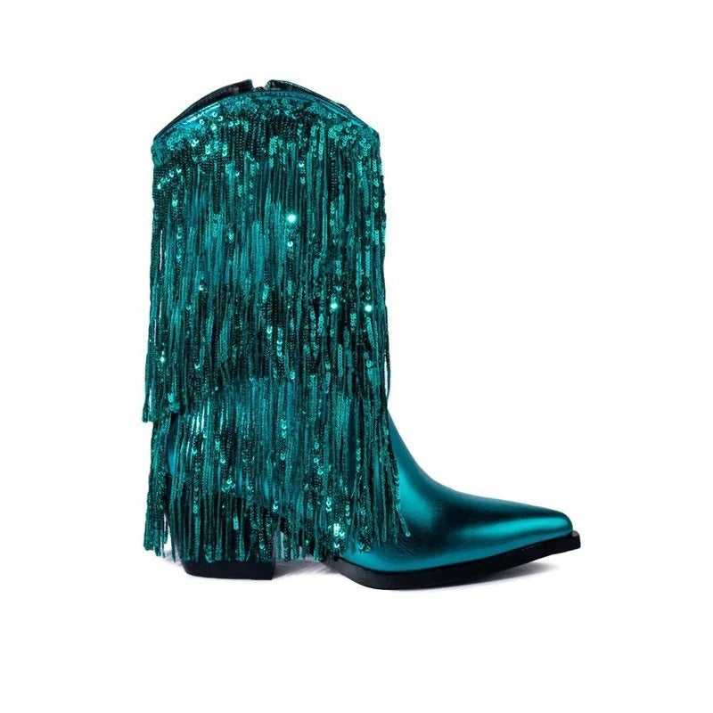 Teal metallic cowboy boot with fringe on a white background