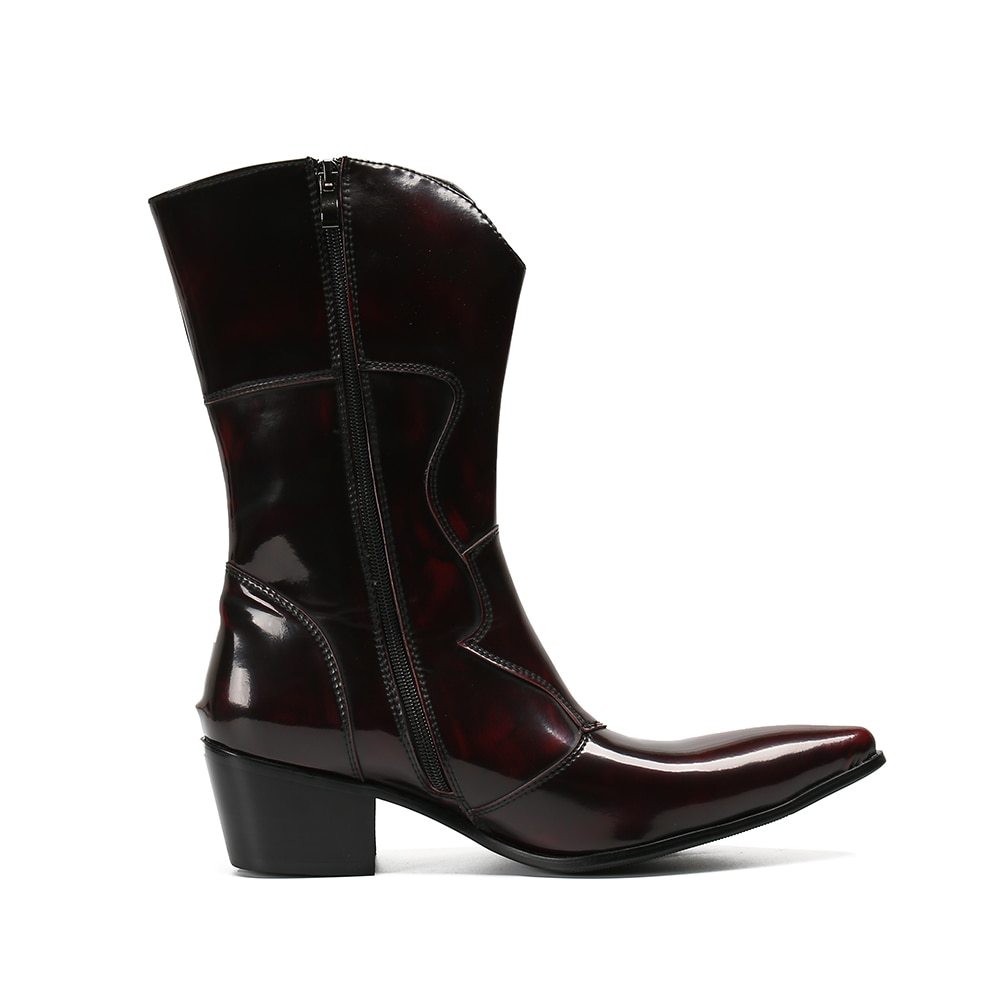 Shiny black cowboy boot on a white background