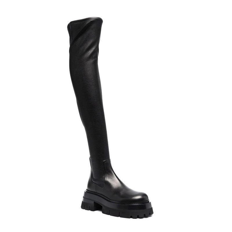 Black knee-high boot on a white background