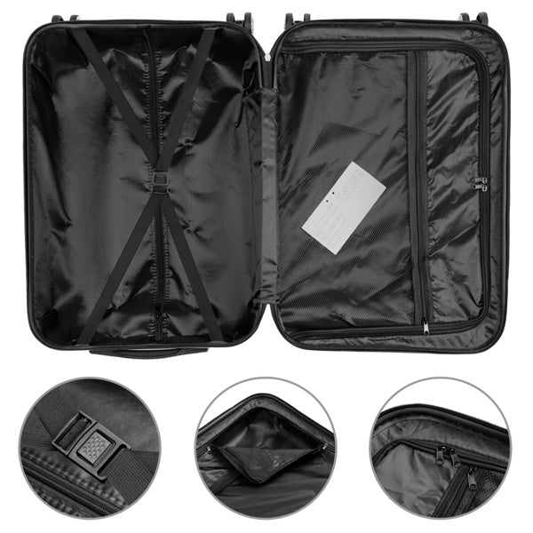 Black suitcase with open lid showing interior and close-up details on a white background