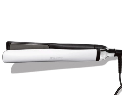 White hair straightener with black accents on a white background