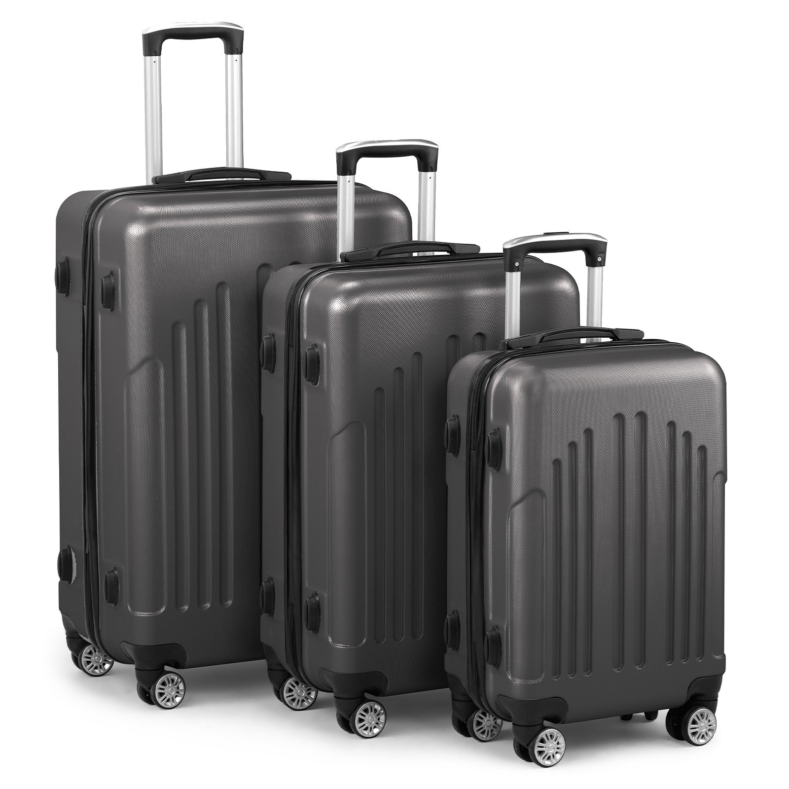 Three black suitcases of different sizes on a white background