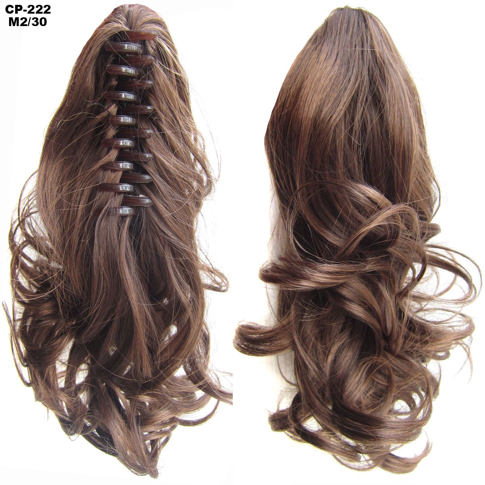 Two brown hair extensions on a white background