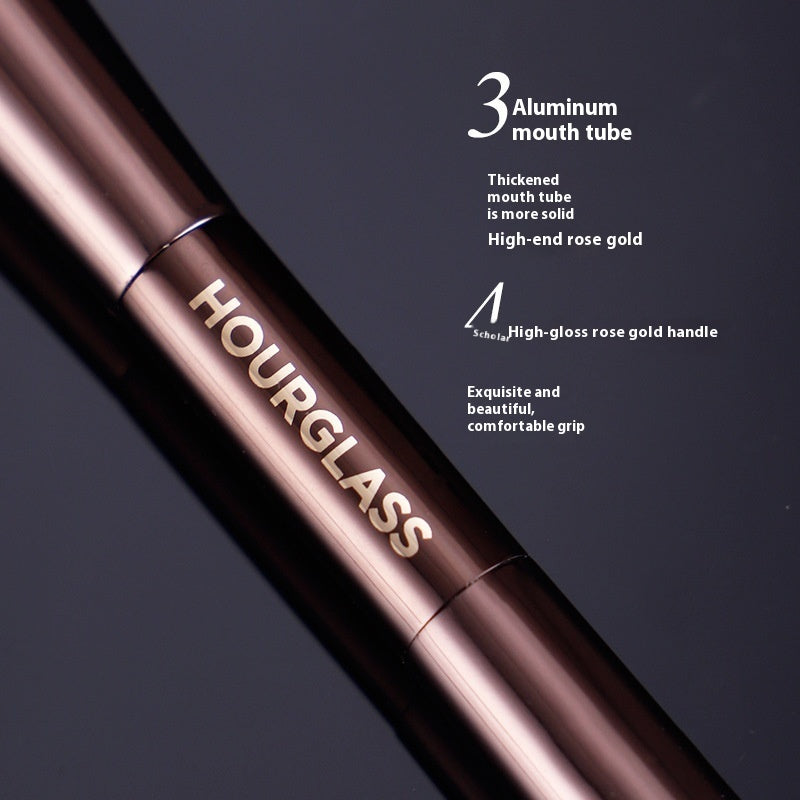 Rose gold Hourglass product with text on an dark background