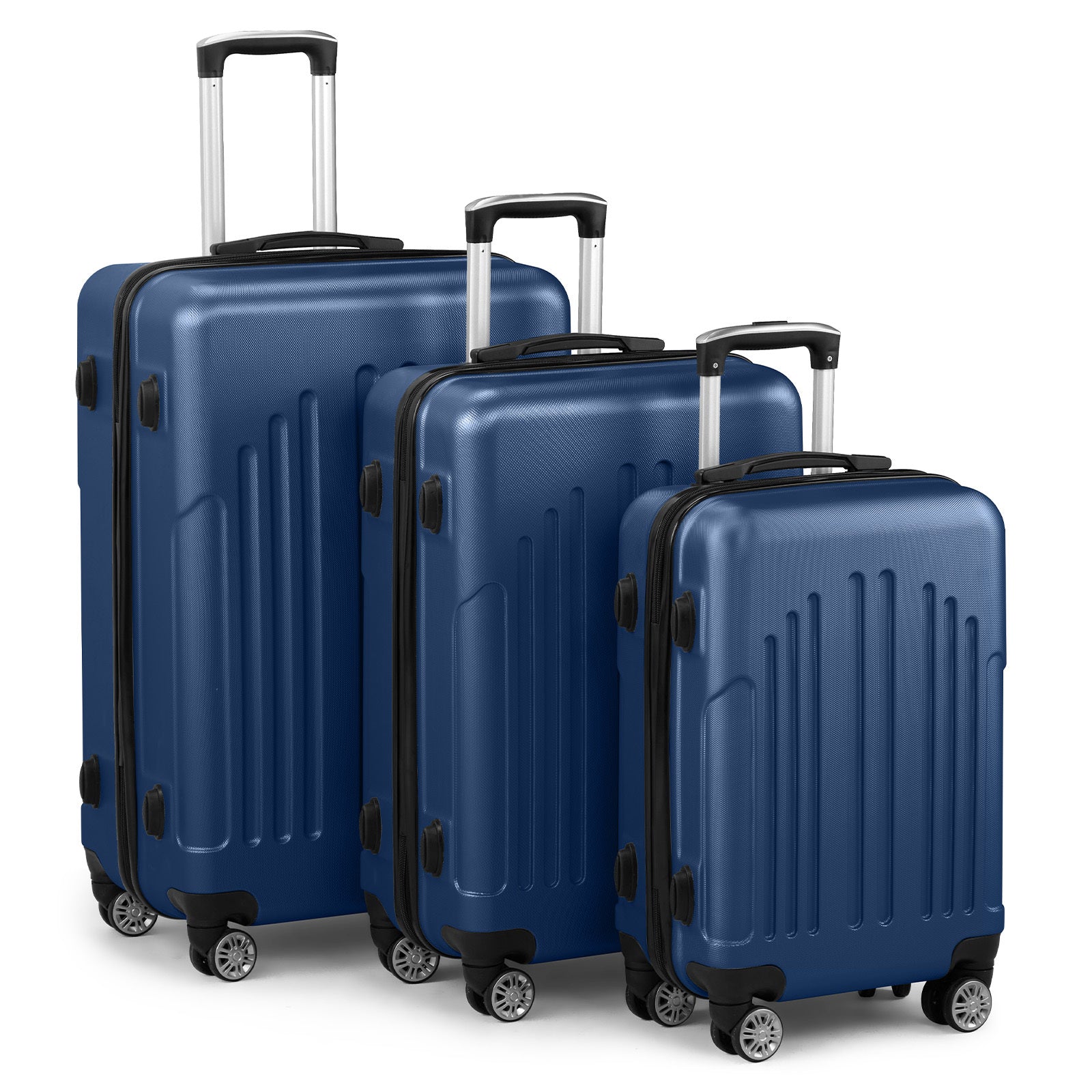 Set of three blue suitcases with black handles and wheels on a white background