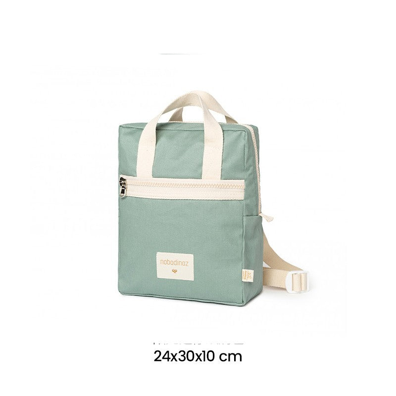 Green tote bag with a white strap on a white background