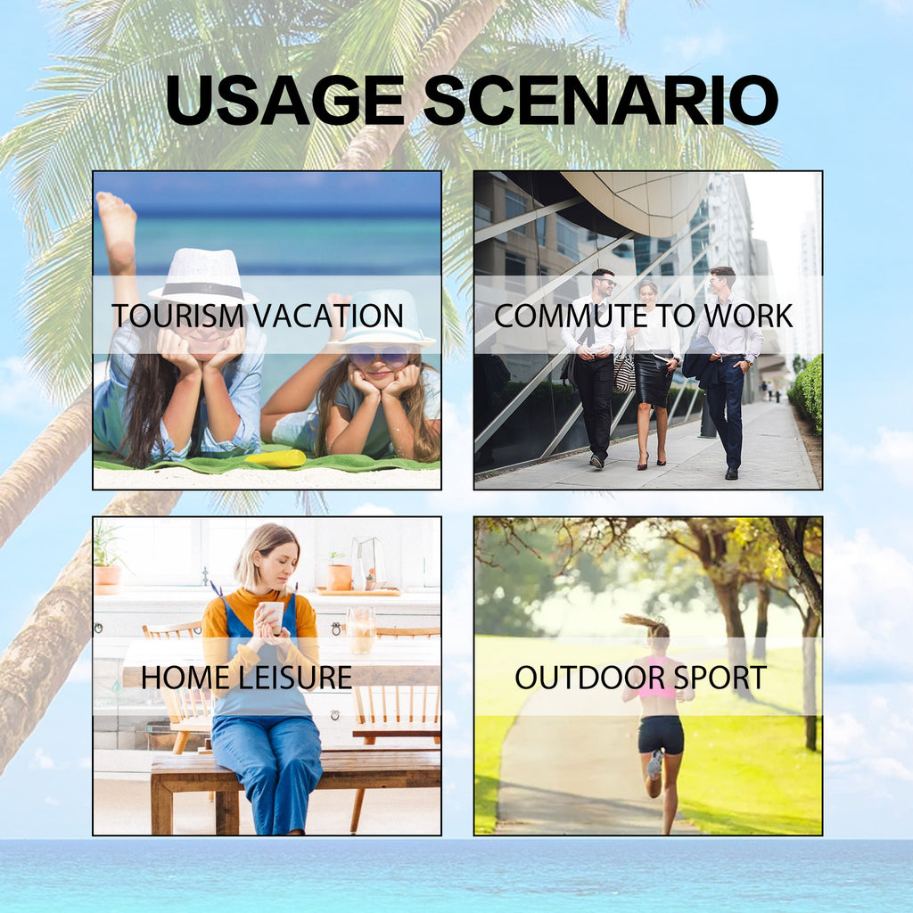 Usage scenario collage with four images labeled Tourism Vacation, Commute to Work, Home Leisure, and Outdoor Sport.