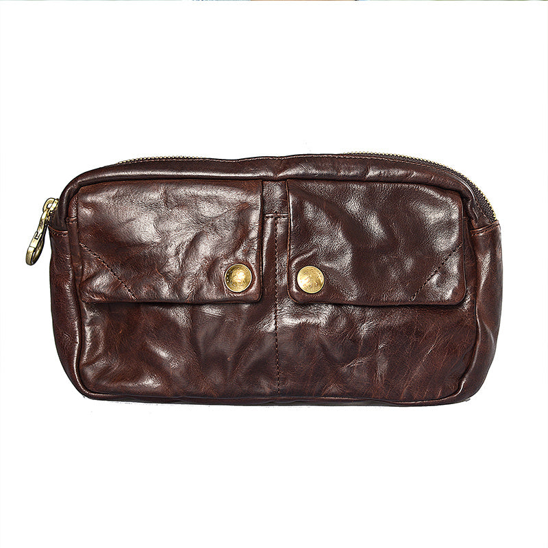 Brown leather pouch with gold buttons on a white background