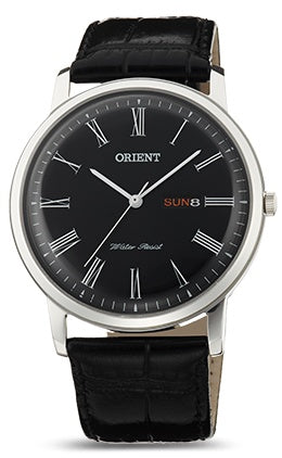 Black wristwatch with silver case and black leather strap on a white background