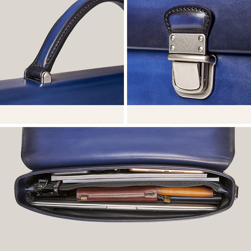 Collage of a blue briefcase showing handle, clasp, and interior.