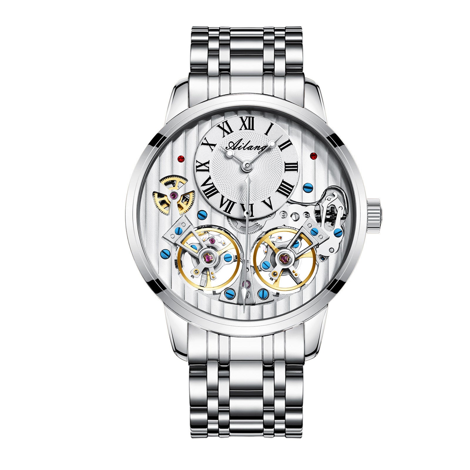 Silver watch with visible mechanical components on a white background