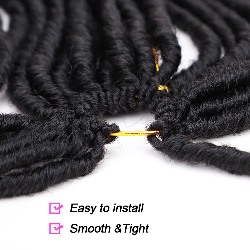 Close-up of black synthetic braiding hair with gold ties on a white background, featuring text 'Easy to install' and 'Smooth & Tight'.